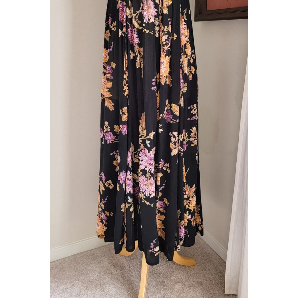 90s Black Floral Scoop Neck 1990s Vintage Flowy Feminine Rayon Gauze Maxi Dress - Picture 9 of 16